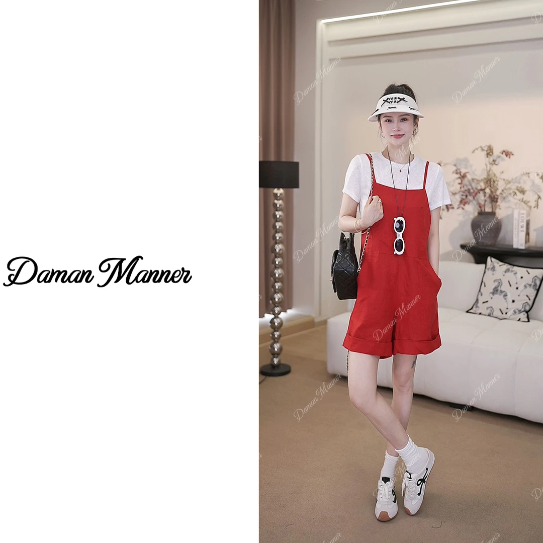 DAMAN | 亚麻背带短裤设计感休闲时尚百搭宽松夏季背带裤DM25296