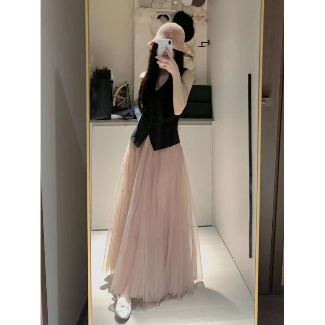 2025新款夏粉色a字纱裙高腰小众中长款网纱半身裙女超仙伞裙垂感