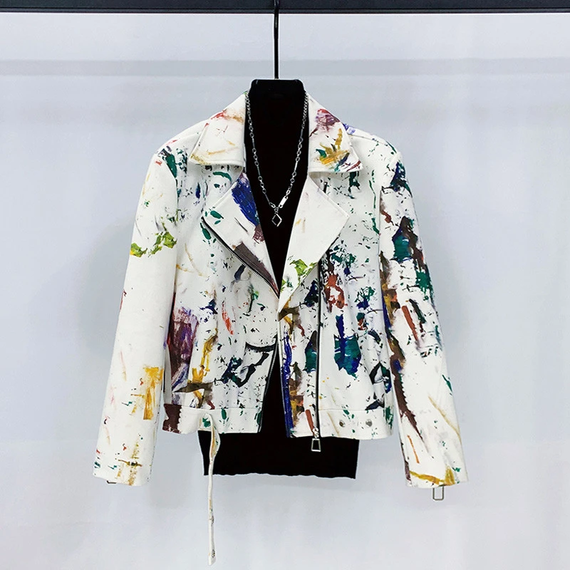 2025新款机车牛仔涂鸦夹克男装休闲宽松高街潮流春秋时尚短款外套