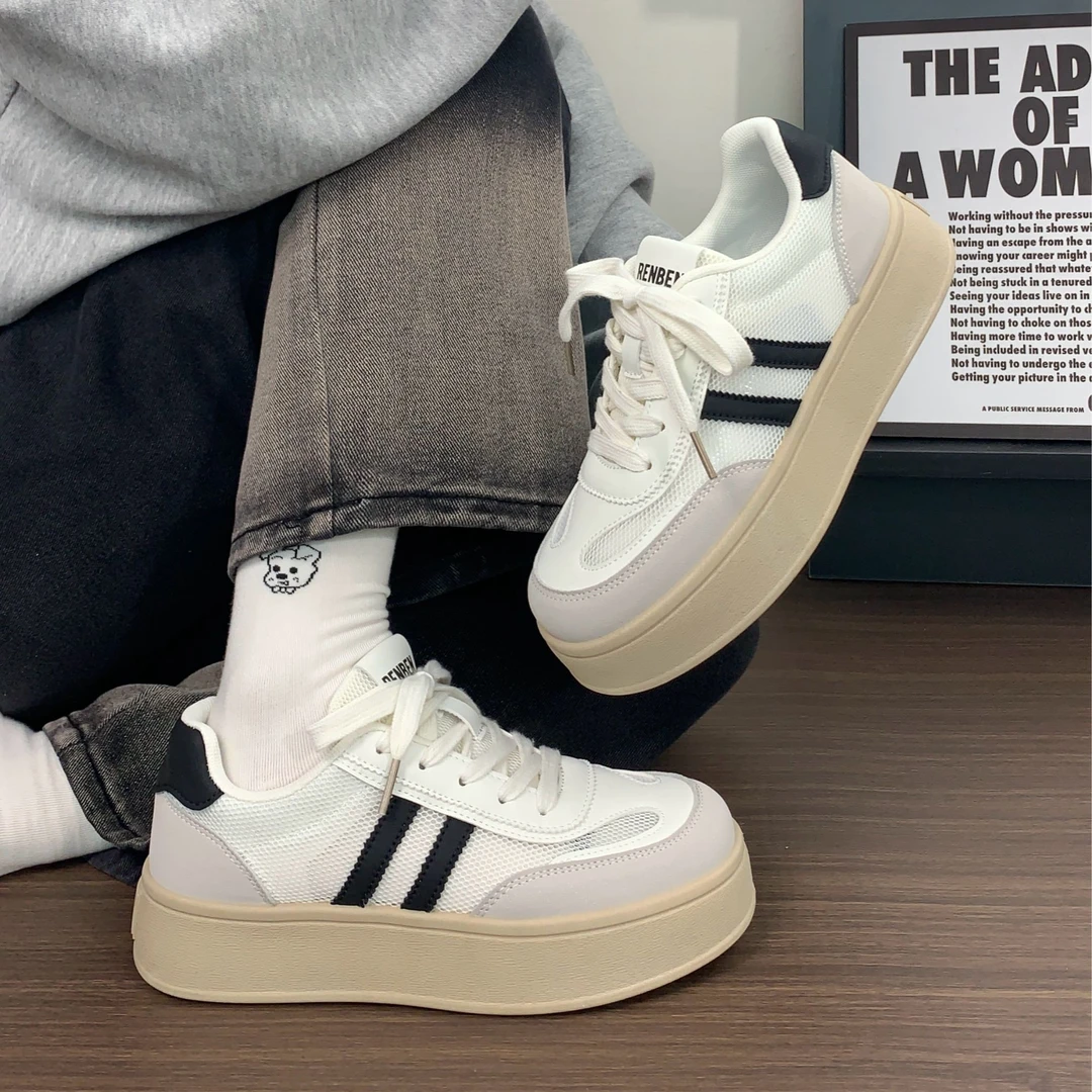 人本网面透气厚底德训鞋女新款小白鞋增高板鞋百搭休闲鞋运动女鞋