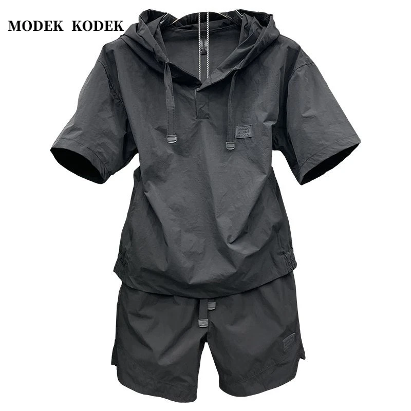 MODEK KODEK夏季潮流时尚套装男士薄款连帽休闲运动速干两件套装