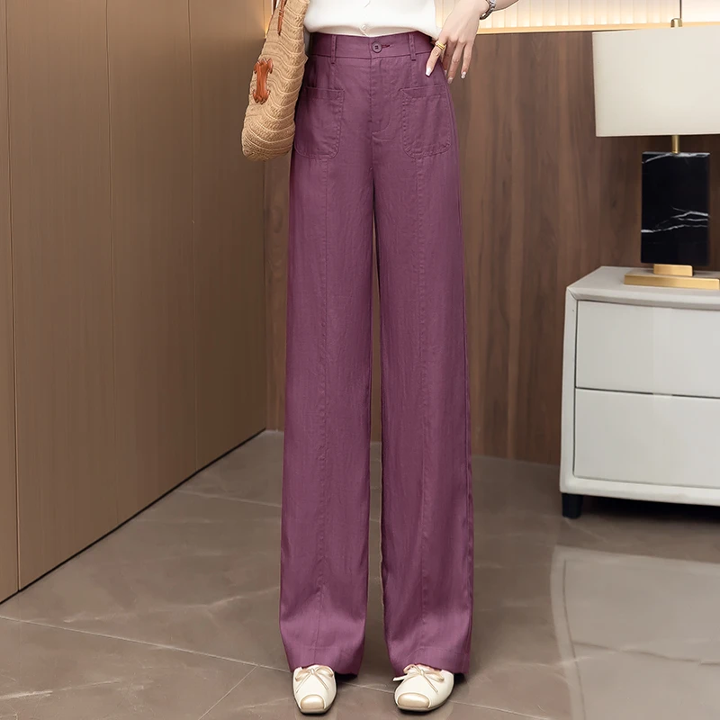 亚麻天丝阔腿裤女夏季薄款2025新款高腰垂感棉麻窄版直筒休闲裤子