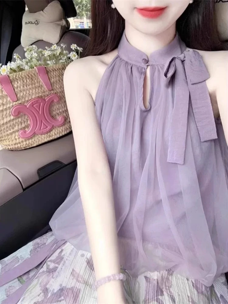 新中式国风穿搭一整套春夏无袖挂脖上衣一片式碎花半身裙两件套装