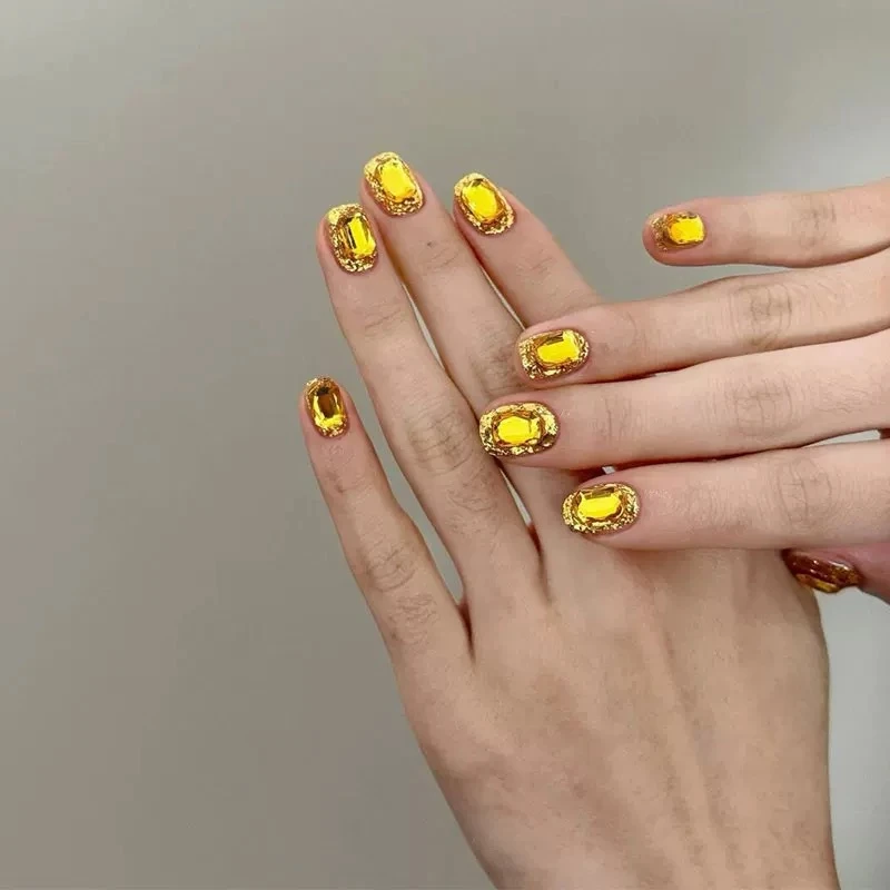 S金色八角 纯手工穿戴美甲亮片黄金琉璃成品美甲显白高货