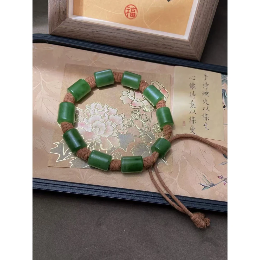 和田玉｜碧玉桶珠手串10.5*13.5mm左右颜色鲜艳桶珠造型表面光滑细