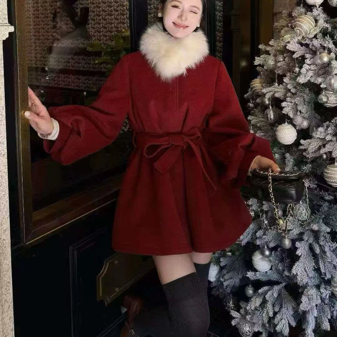 毛领大衣秋冬加棉加厚小个子百搭灯笼袖大码宽松系带拆卸呢子外套