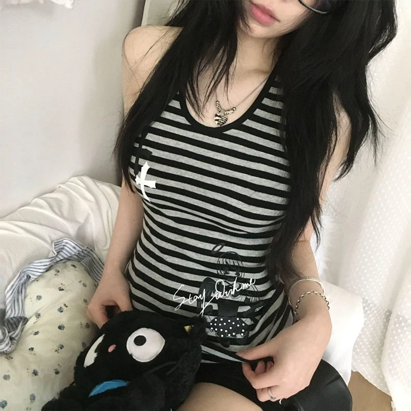 夏季纯欲辣妹条纹挂脖吊带背心女外穿小个子修身显瘦无袖t恤上衣