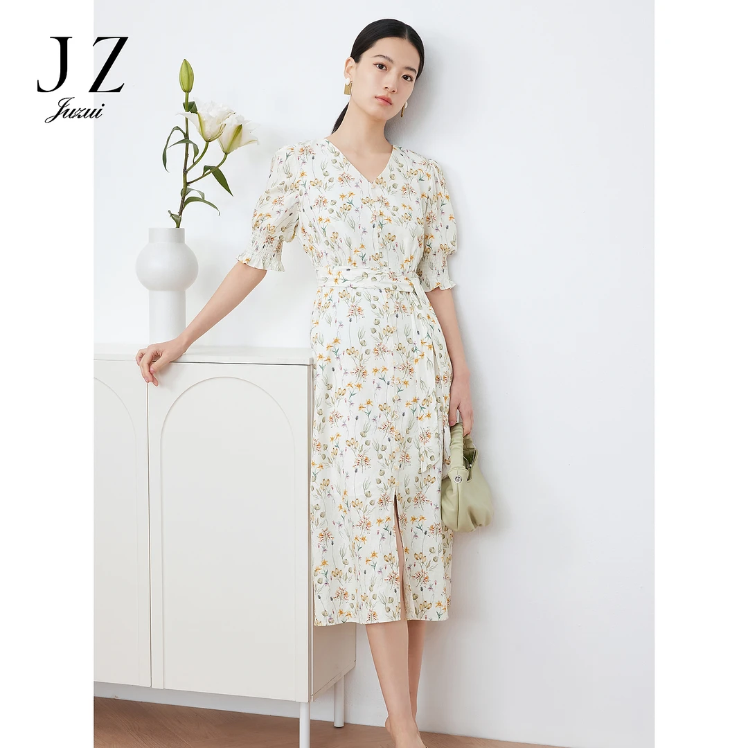 【安雅专属】JZ玖姿JTDX50014花卉印花连衣裙女麻料收腰系带连衣裙