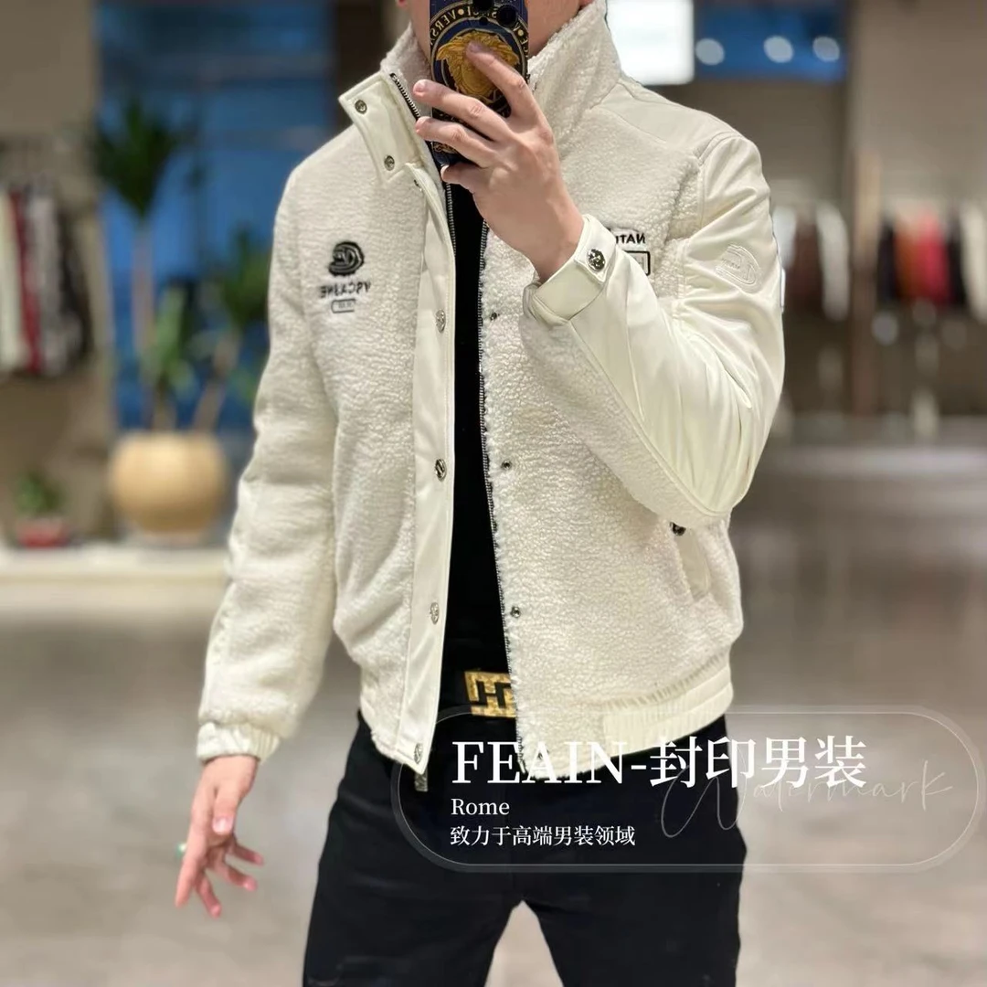 【鹅绒】高端定制颗粒毛拼接卡丽皮立领鹅绒服8502