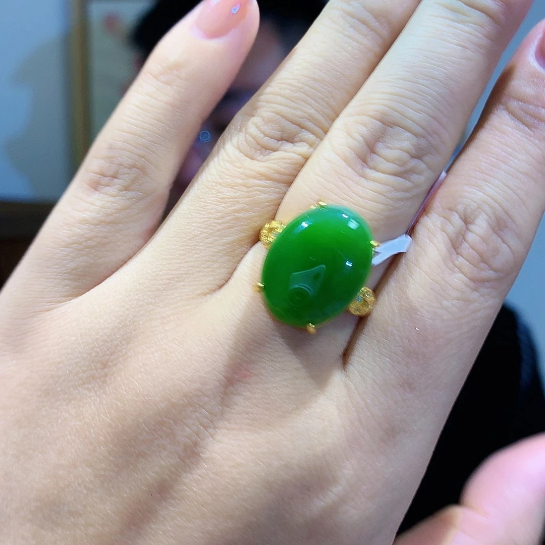 和田玉（碧玉）戒指银S925镀金镶嵌