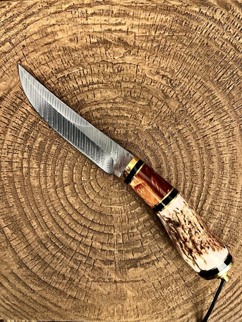 【鹿谜】鹿柄珀纹镜面水波祥云大马士革手工刀