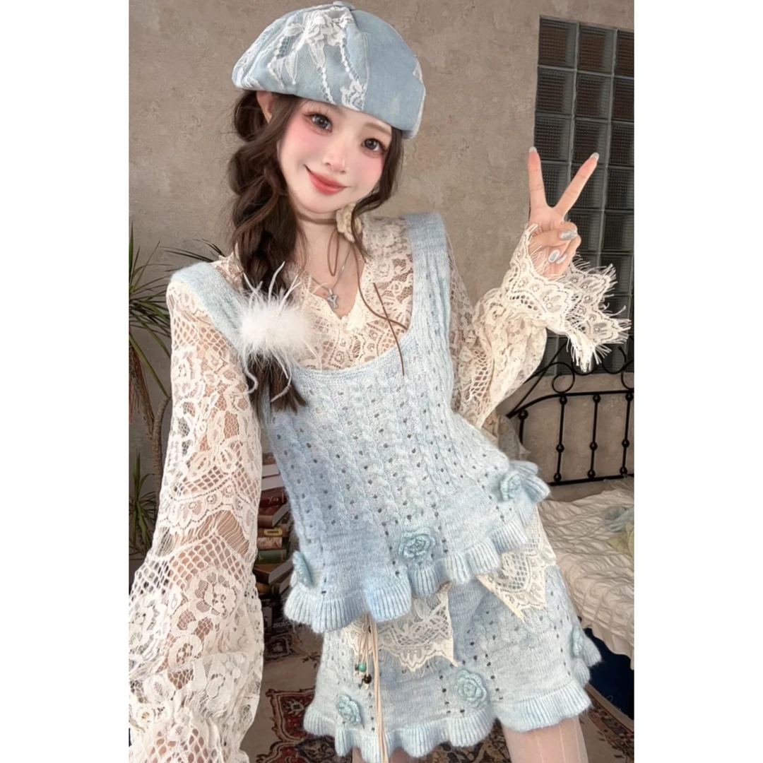 ｛化雪少女结｝针织毛衣套装两件套早秋款蓝色 钩花温柔甜美风