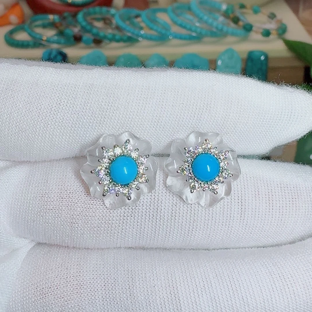 绿松石银S925镶嵌珠宝奇石白月光耳钉