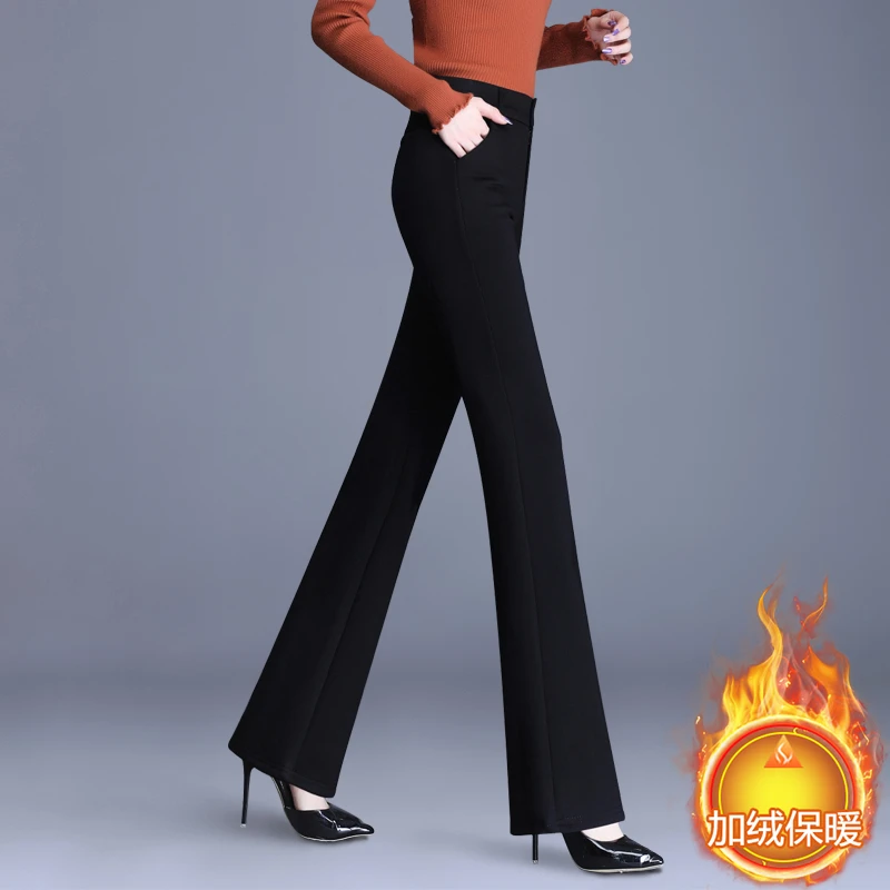 正品哥弟新款加绒微喇休闲裤女2025冬季修身显瘦喇叭裤厚款西装裤