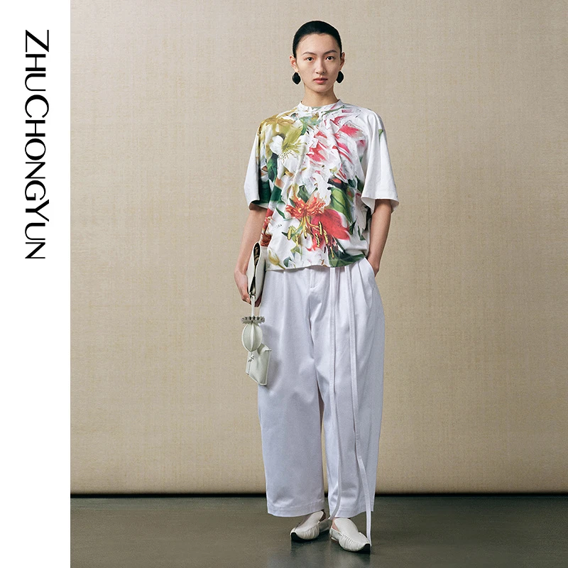 【烈焰繁花】ZHUCHONGYUN2025夏圆领中式印花宽松短袖T恤上衣