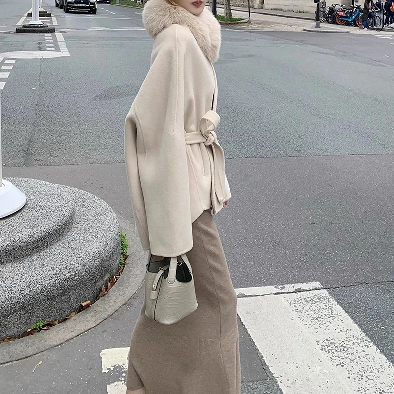 故梦巴黎气质洋气姐姐的系带羊毛大衣可拆狐狸毛领高级感纯色长袖