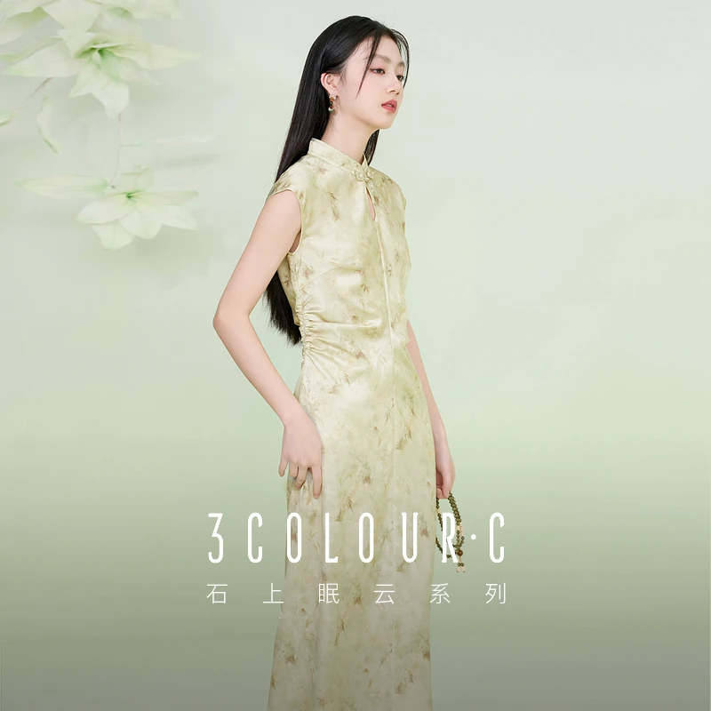 三彩【花影漫漫】2025夏季新款新中式缎面立领连衣裙改良旗袍裙C