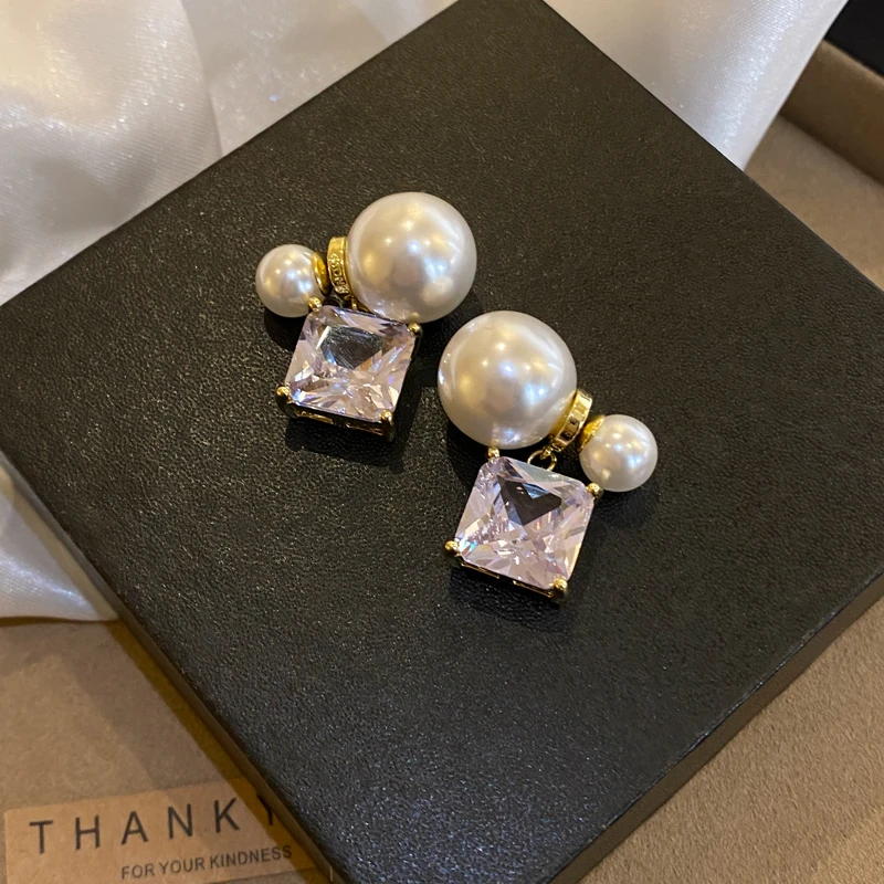 铜合金合成锆石耳饰 法式两戴时尚方形耳钉气质潮小众高级感A261