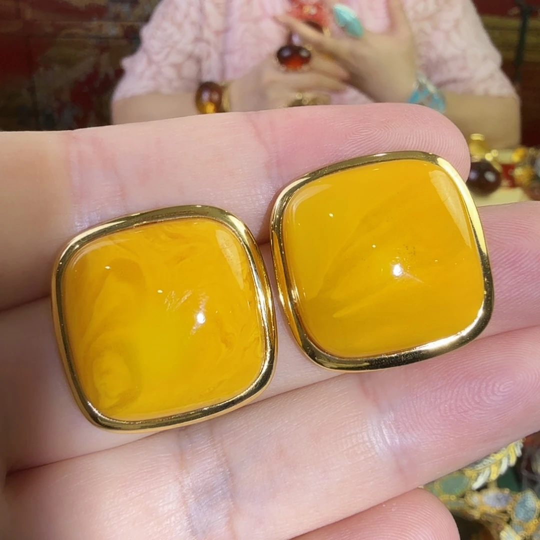 蜜蜡银S925镀金镶嵌耳钉