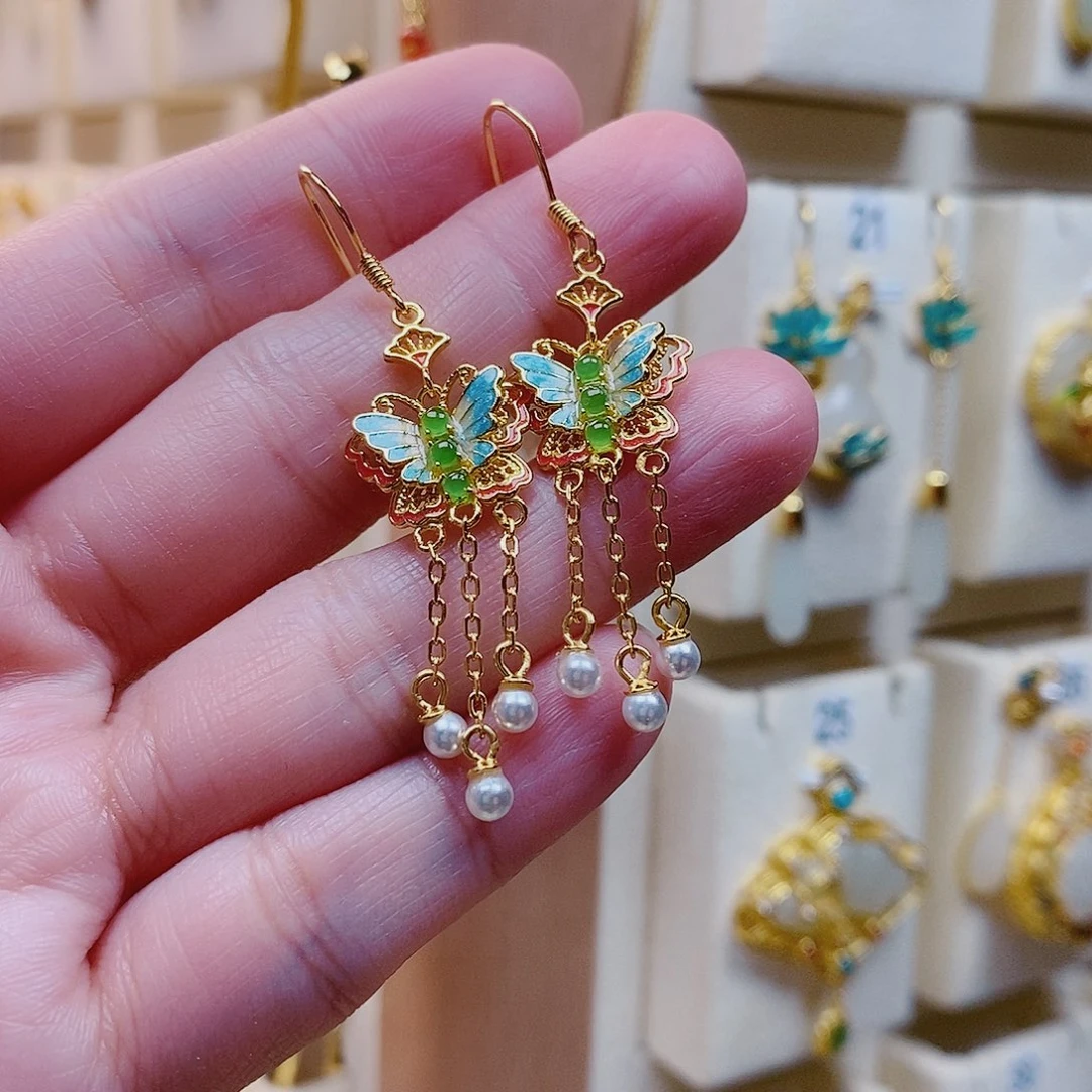 和田玉银S925镀金镶嵌耳饰