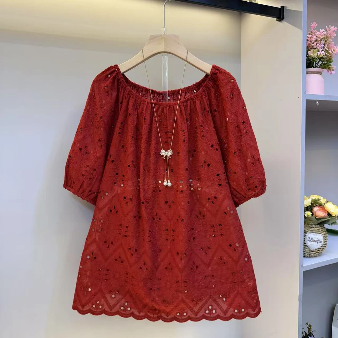 2025夏季新款大码女装镂空刺绣高级感法式洋气女人衫