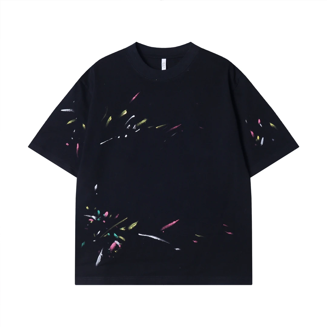 春夏新款时尚个性韩版撞色泼墨印花圆领短袖T恤情侣百搭潮流上衣