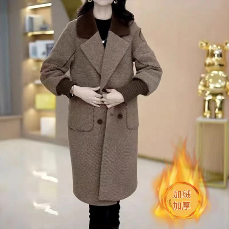 2025冬季新款时尚气质翻领大衣女宽松显瘦中长款加棉加厚毛呢外套