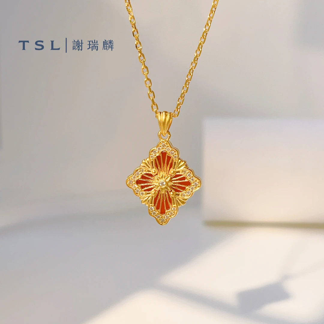 TSL/谢瑞麟计价足金钻石红玛瑙幸运草套链黄金送女友老婆礼物
