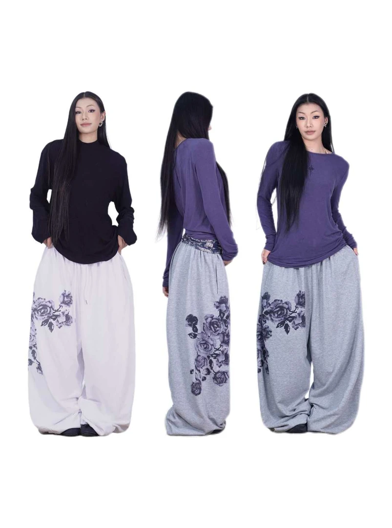 SUANS原创松紧腰休闲裤白玫瑰复古百花印花长裤直筒阔腿卫裤