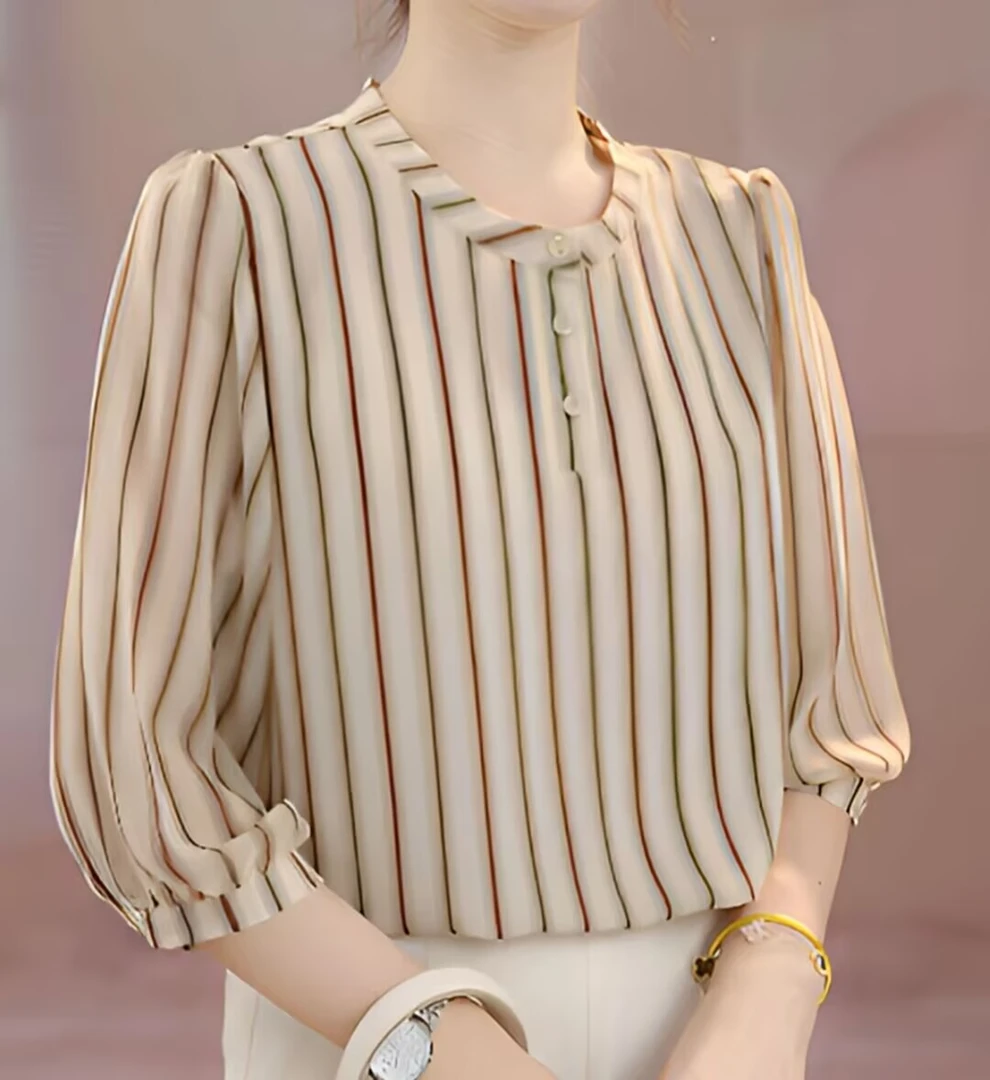 夏天薄款条纹冰丝衬衫2025新款中年妈妈显瘦宽松透气七分袖上衣