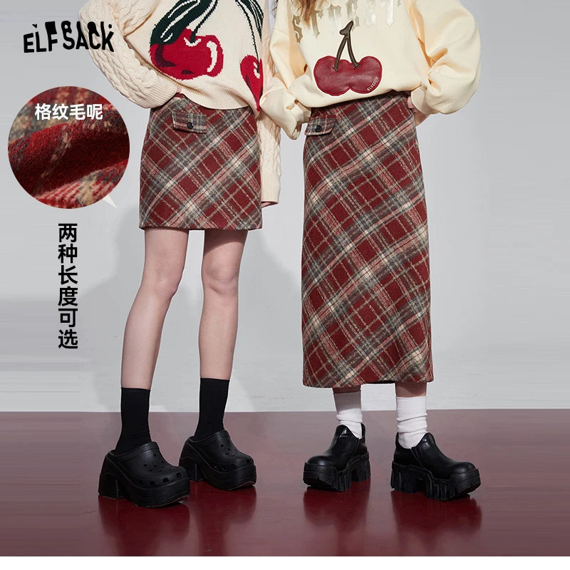 7082【金拐子】妖精的口袋镜面人生安哥拉红格子半身裙女新年冬