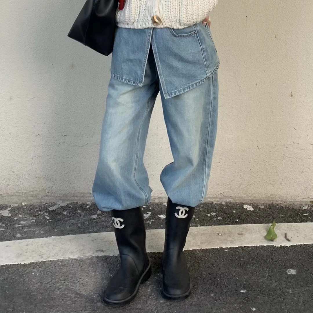 复古时髦精～韩系水洗超好质感屁帘牛仔裤显瘦设计感时尚宽松