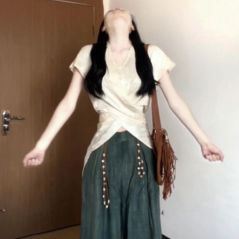 4395新中式v领掐腰短袖衬衫女夏款气质交叉绑带修身设计感上衣