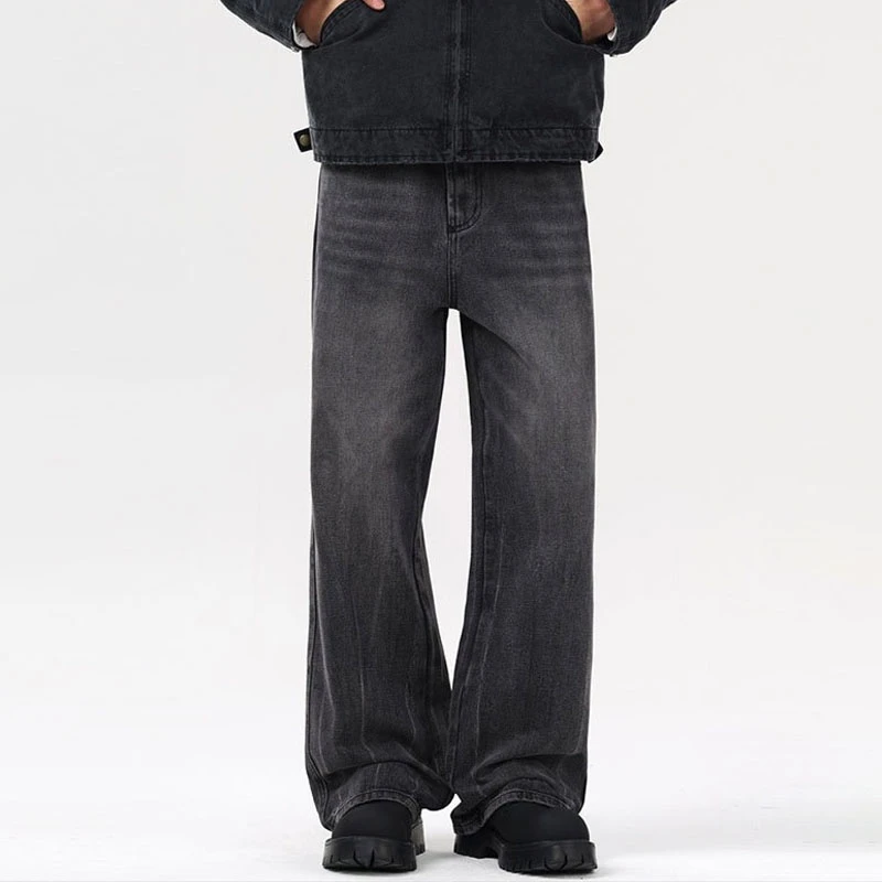 NOTIICED美式高街猫须纹理水洗黑灰色牛仔裤男潮流百搭直筒长裤