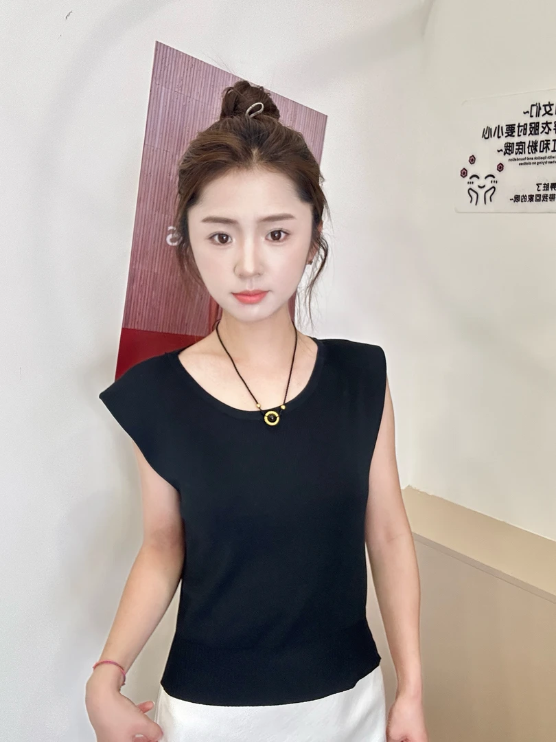 圆领螺纹无袖飞袖抽绳小飞袖T恤➕醋酸半身裙