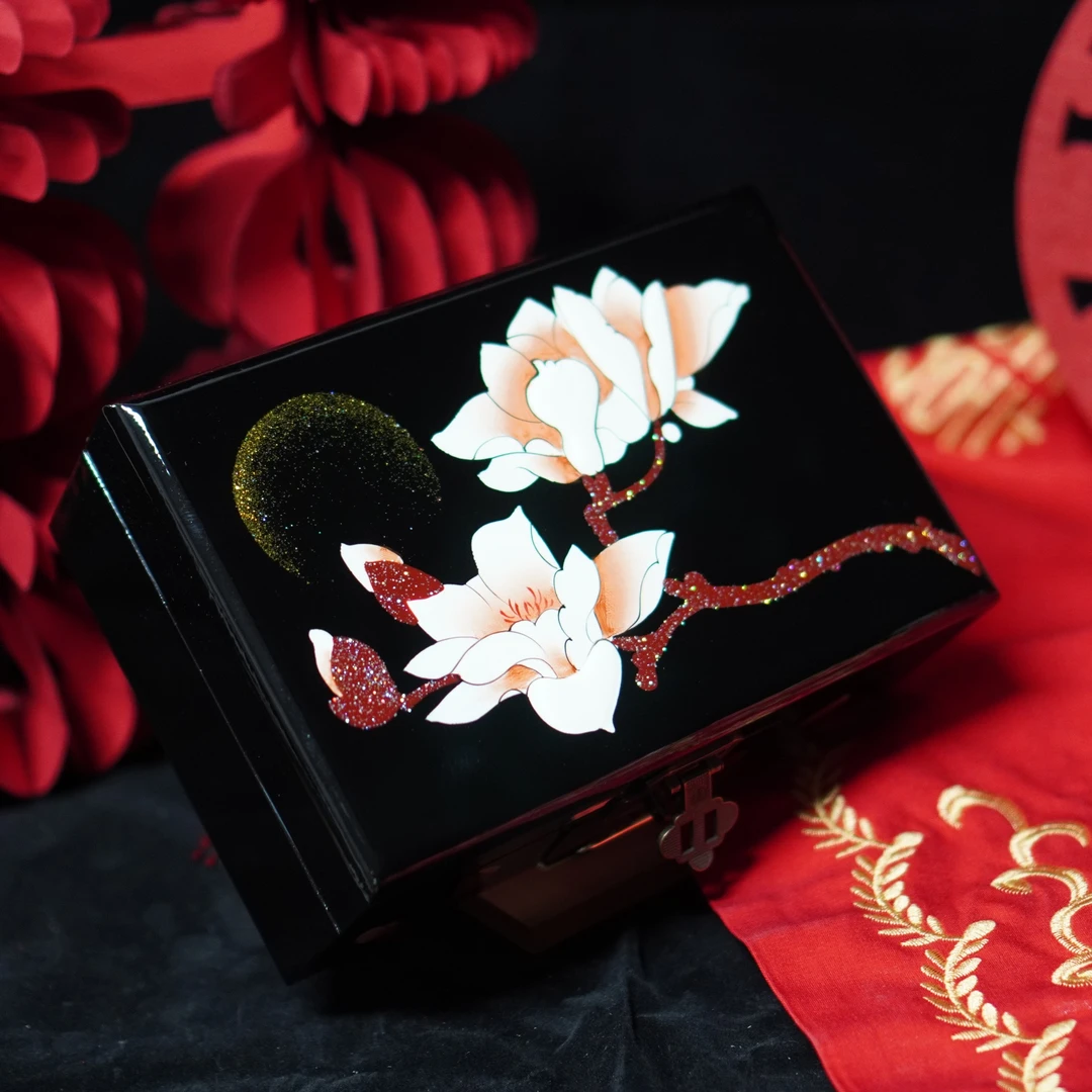 粉玉兰手工复古中式平遥推光漆器首饰盒非遗小众创意礼物