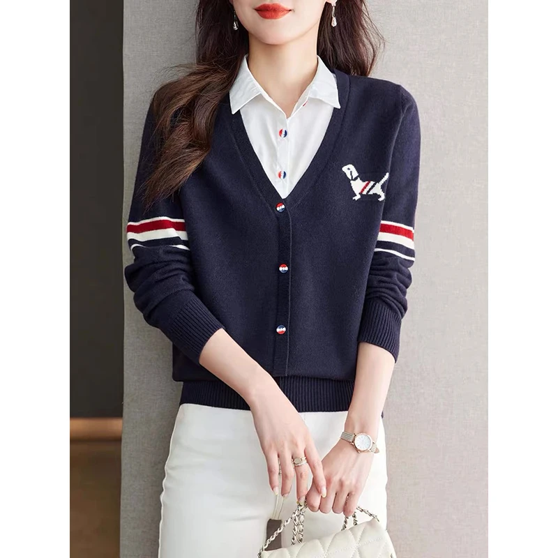 长袖时尚洋气上衣开衫毛针织衫百搭假两件春秋打底外穿宽松秋冬