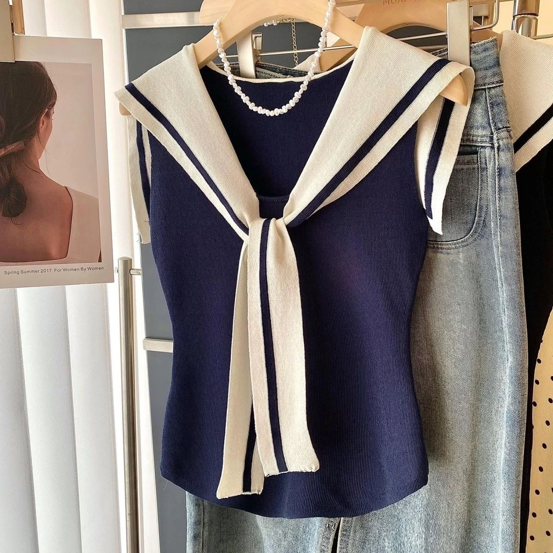 美式复古撞色海军领假两件针织背心女夏季学院风时尚无袖坎肩上衣