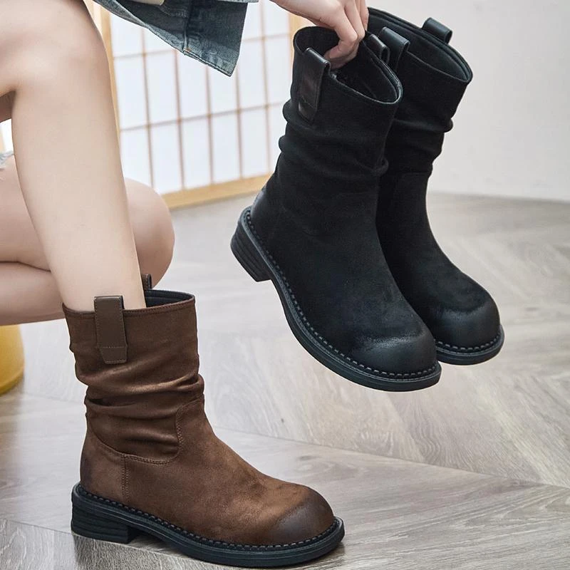 森系显瘦骑士靴新款春秋短筒女鞋平底烟筒靴复古高级感休闲短靴子