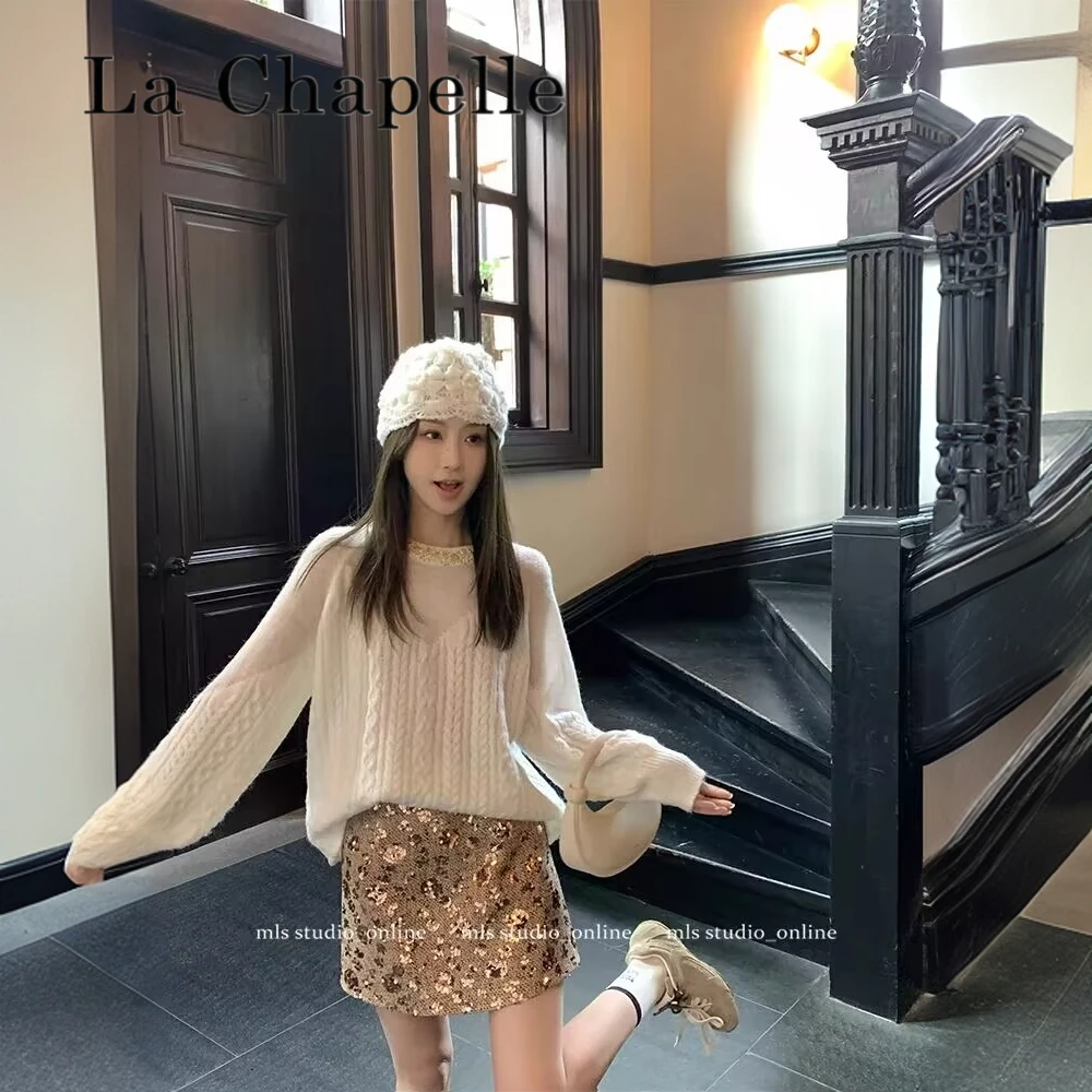 拉夏贝尔白色记忆领口镶钻温柔麻花毛衣女春季宽松慵懒灯笼袖针