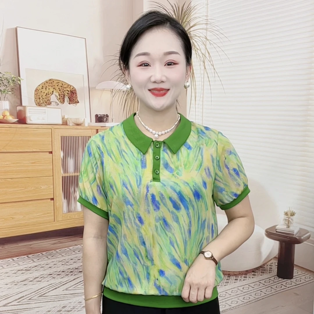 妈妈装流行翻领欧若拉时尚潮牌中老年女装女士独特宽松百搭短袖