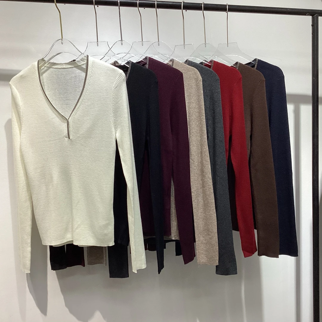 显瘦女秋冬打底衫针织修身V领珠片复古毛衣针织衫