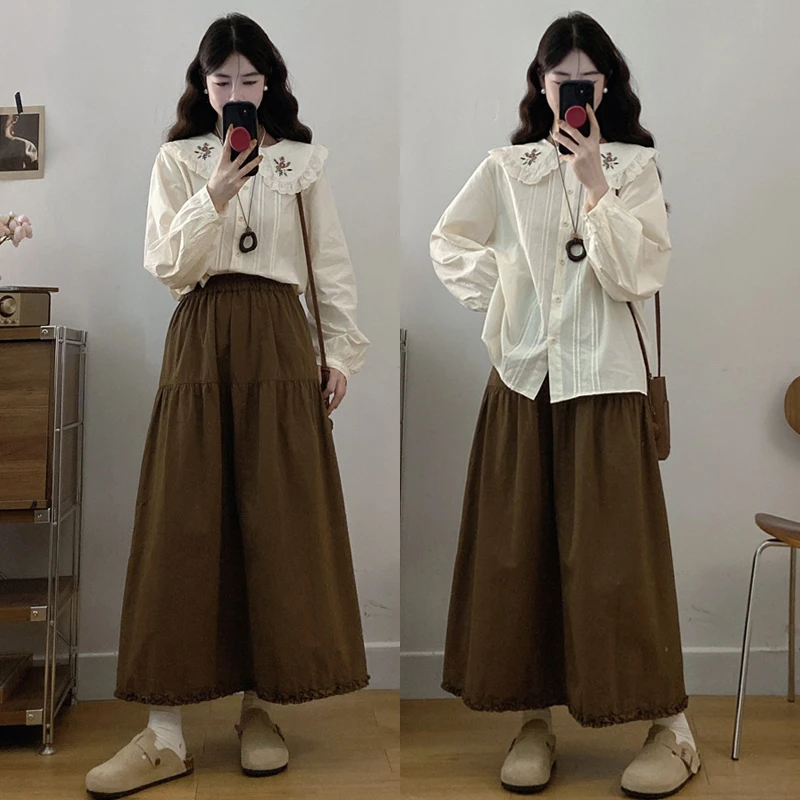 大码胖mm秋季新款刺绣娃娃领宽松衬衣+高腰半身裙两件套套装女