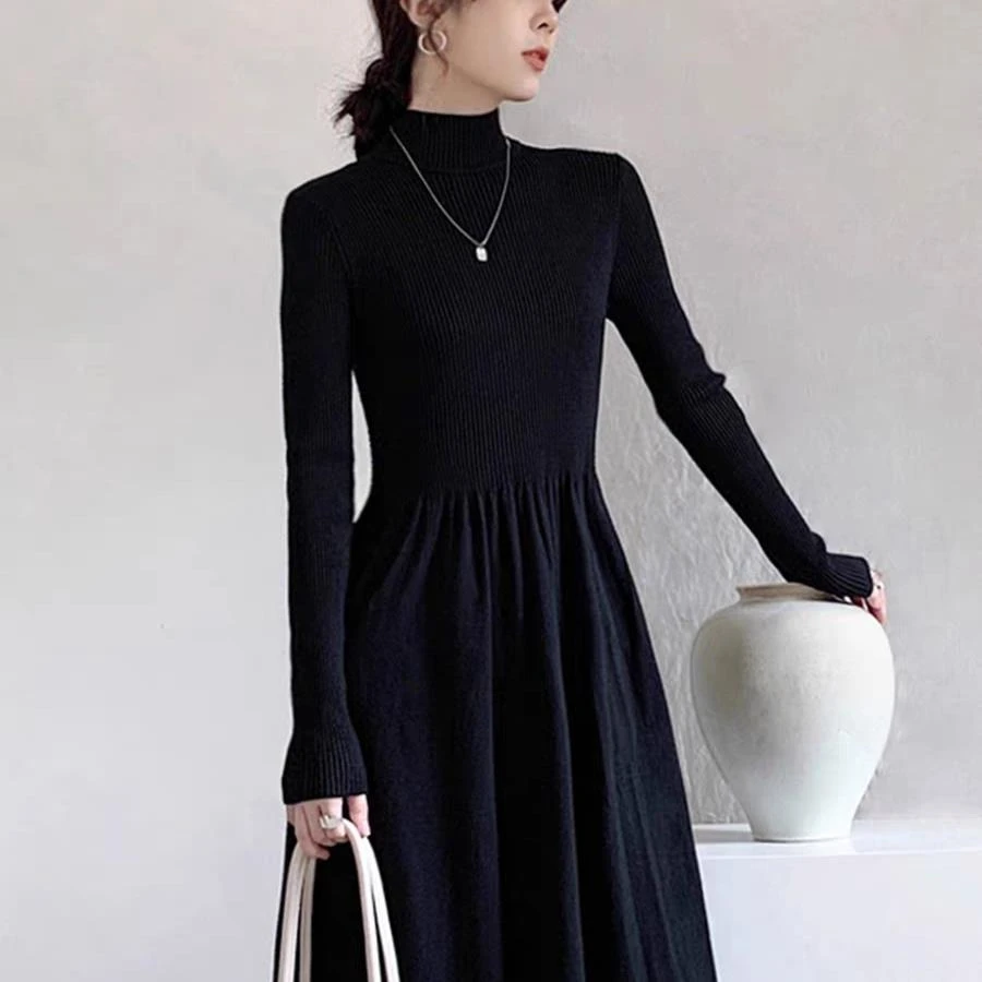 2025秋冬长袖半高领羊毛针织连衣裙百搭大摆气质纯色打底裙