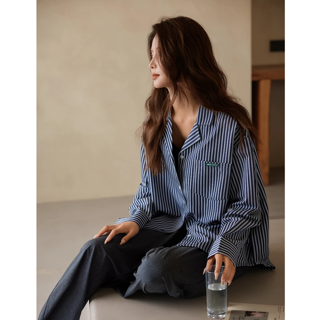 美腾柔软棉长袖睡衣女款春秋季抗菌条纹家居服翻领可外穿长裤套装