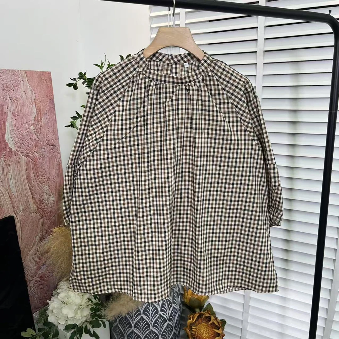 日系文艺舒适「套头短袖色织格子」衬衫女E5067