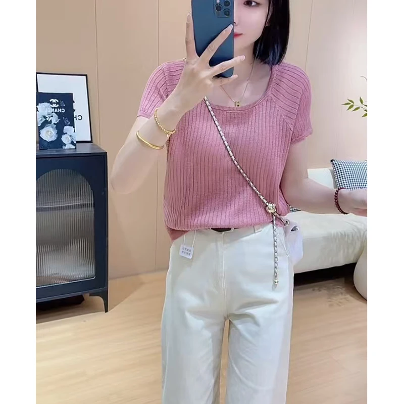 大码简约方领短袖女2025夏季薄款胖mm宽松显瘦百搭纯色针织衫上衣