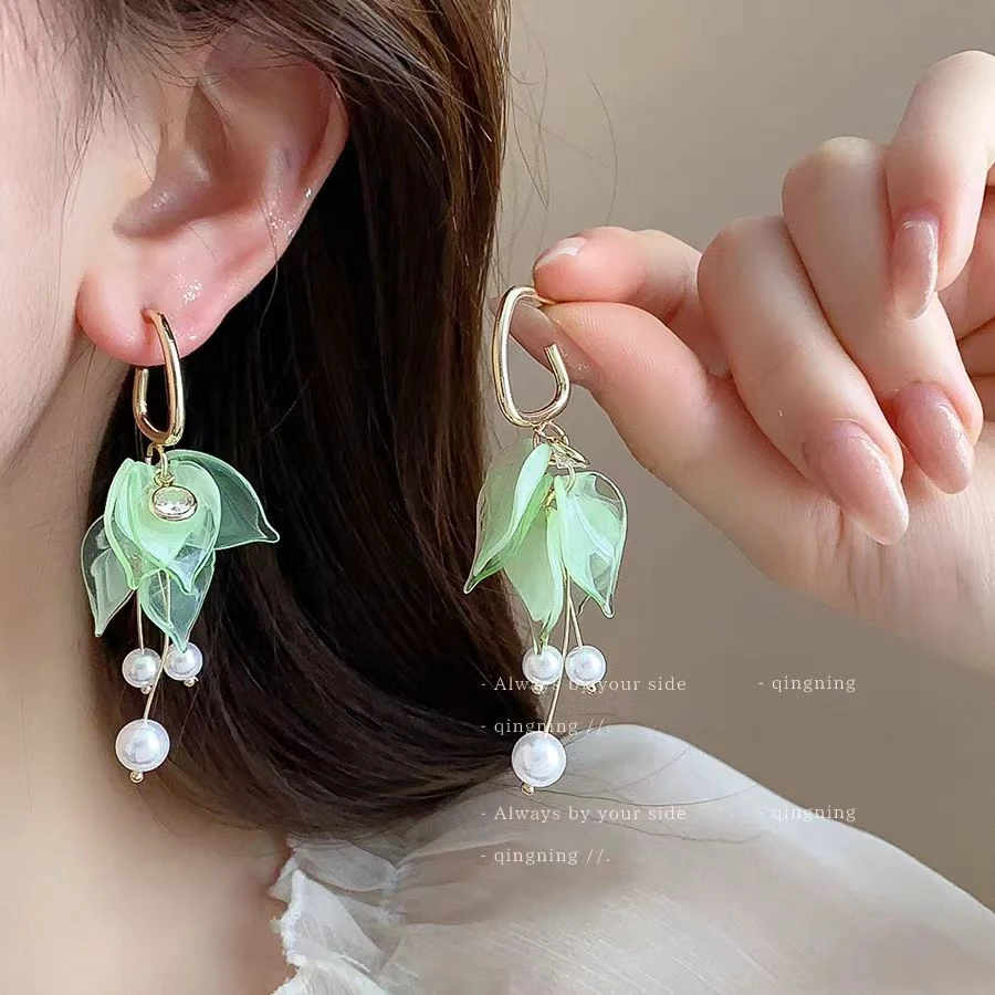 铜合金耳饰 花瓣珠珠流苏耳钉时尚耳环小众设计感超仙耳饰N2649A1