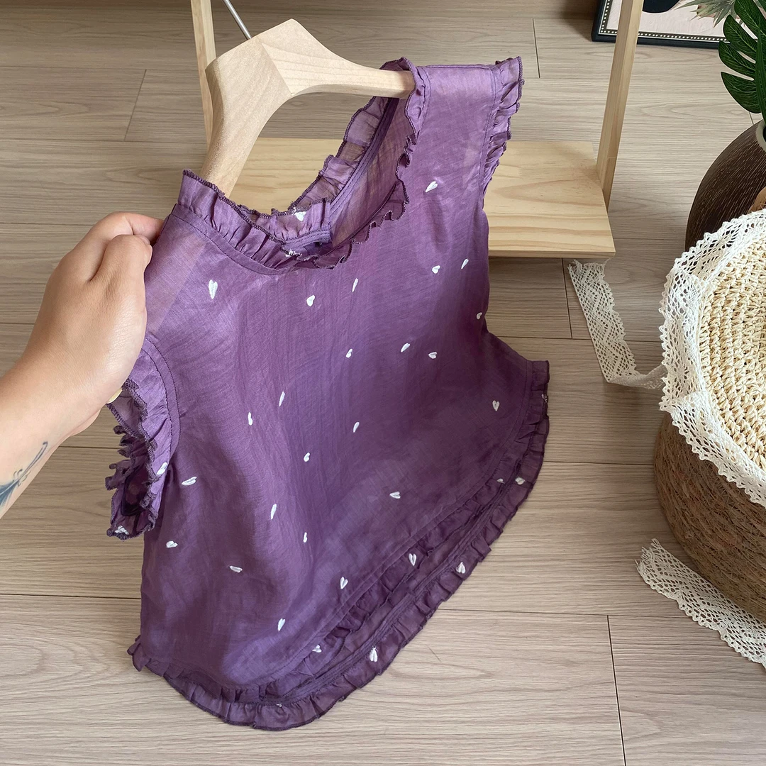 紫色木耳花边小飞袖上衣女夏季2025新款文艺复古洋气时尚百搭上衣