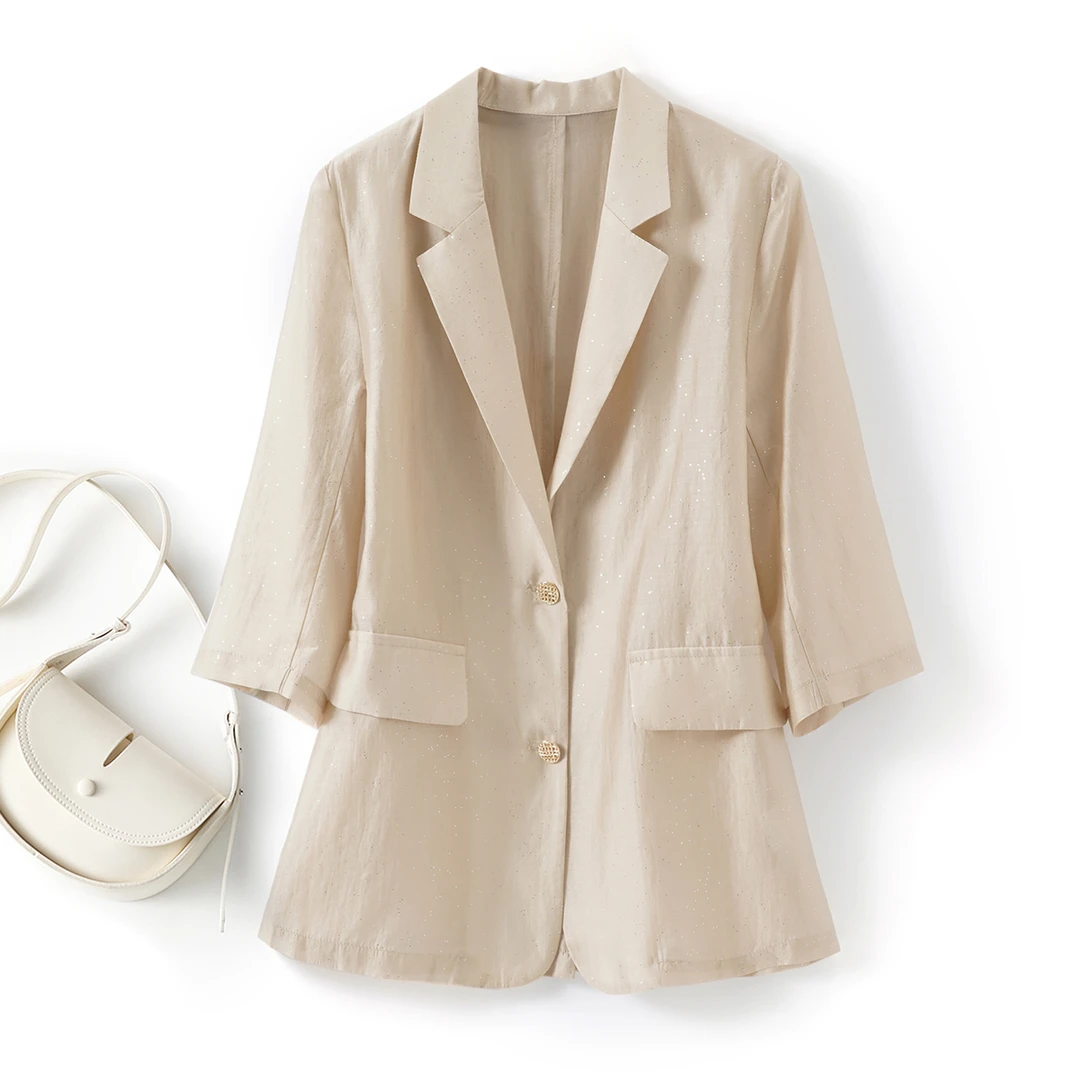 高级微闪天丝西装外套女2025夏季新款休闲宽松七分袖西服上衣